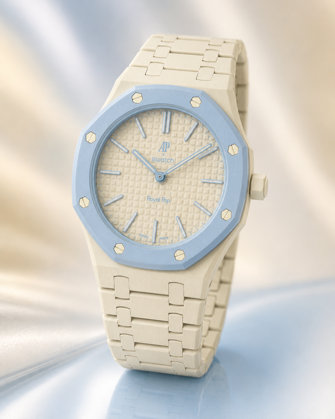 Watch with beige bracelet and light blue face on a gradient background